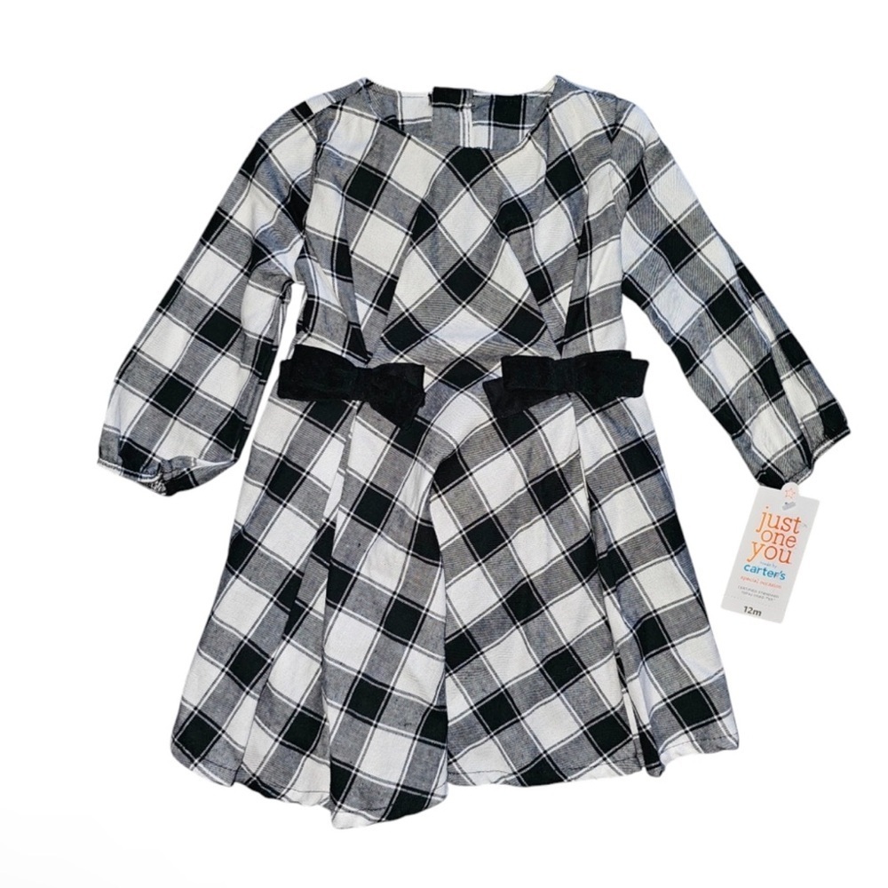 Carter’s Black and White Plaid Long Sleeve Dress with Black Diaper Cover